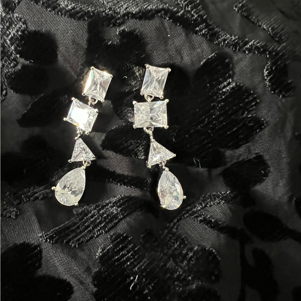 18K Plated CZ Dangle Earrings 1.89” long Never Worn GORGEOUS